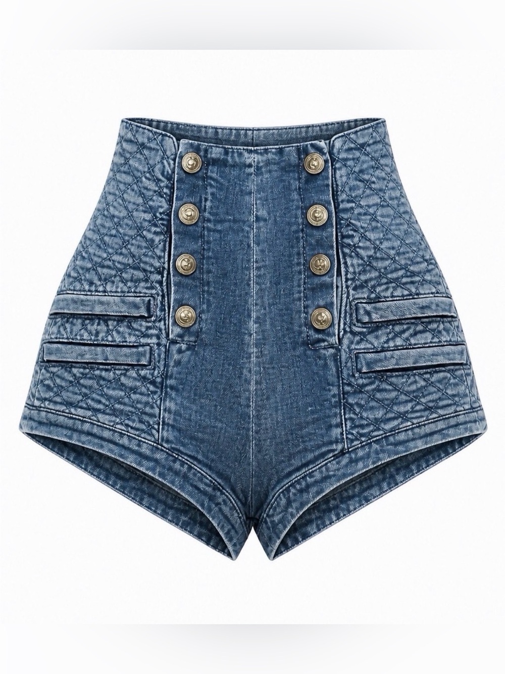 Pierre Balmain Quilted High-Waist Denim Shorts in Blue with Gold Buttons